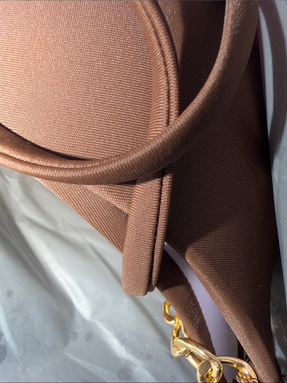 Women’s Brown Tie-Front Bikini Top with Gold Chain Straps - Picture 2 of 2
